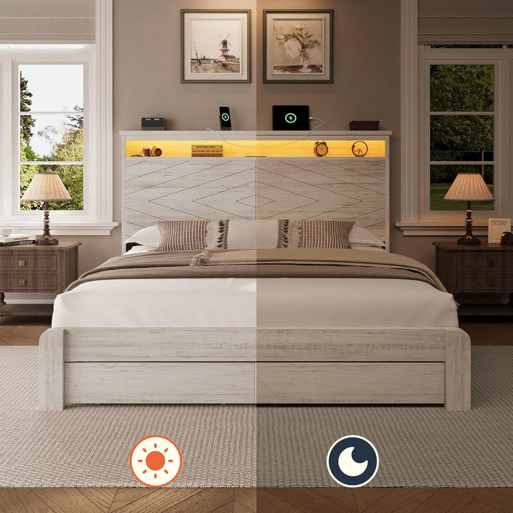 LARMACE Queen Size Bed Frame with 2 Storage Drawers and Headboard Wooden Platform Bed Frame with LED Lights and Charging Station Easy Assembly/No Box Spring Needed/White