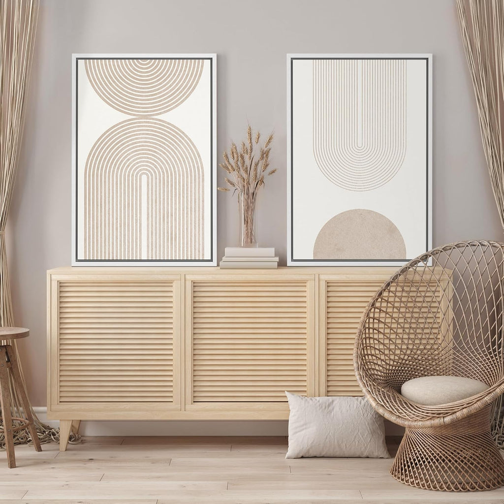 SIGNFORD Framed Canvas Print Wall Art Set Beige & White Duotone Geometric Spiral Polygons Abstract Shapes Illustrations Modern Art Decorative Minimalist Relax/Cozy for Bedroom - 24'x36'x2 White