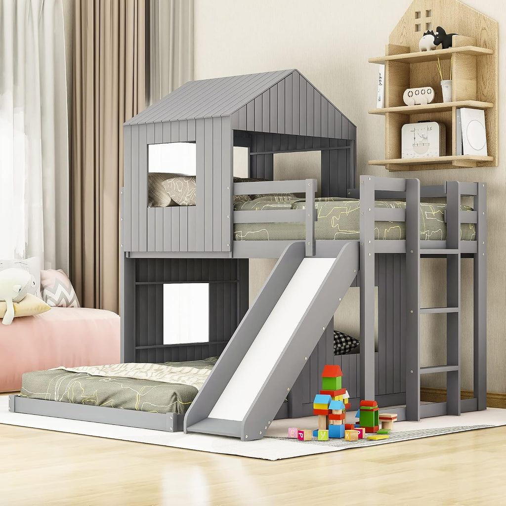 MERITLINE House Bed Bunk Beds with Slide Twin Over Full Size Bunk Bed Frame with Slide,Wooden Playhouse - Design Slide Bunk Beds Twin Over Full Bunk for Boys and Girls