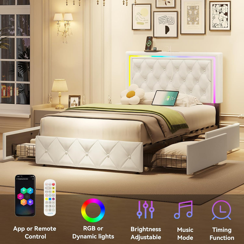 LED Twin Bed Frames with Headboard and Storage,Twin Size Bed Frames with 4 Storage Drawers and LED Lights,Velvet Upholstered Platform Twin Bed Frame with Charging Station,No Box Spring Needed,White
