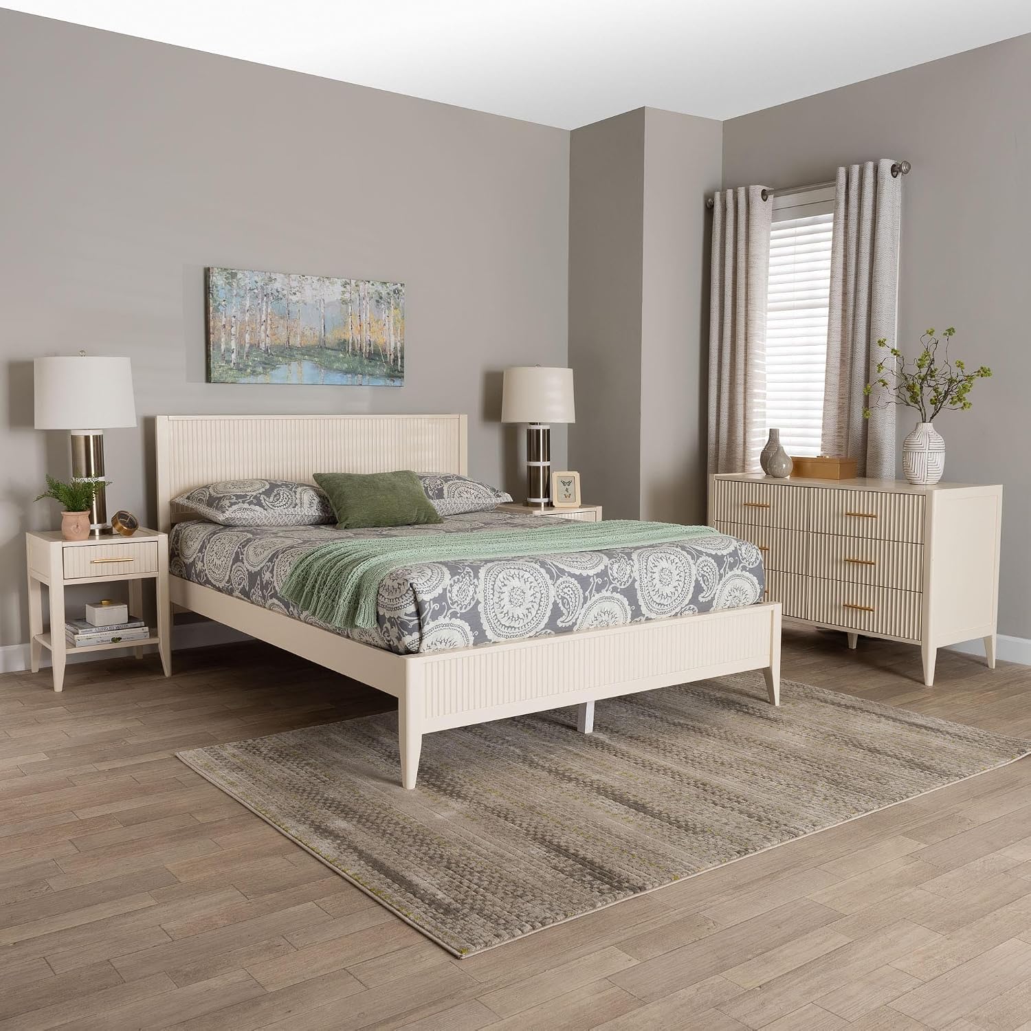 Baxton Studio Primrose Fluted Wood Platform Bed Set, 4-Piece, King, Ivory