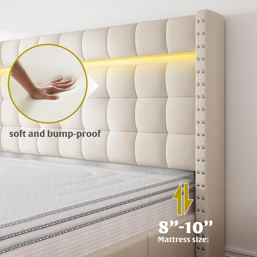 EnHomee Full Bed Frame with Adjustable Headboard &3 Storage Drawers,Upholstered Bed Frame Full Size with LED Light,No Box Spring Needed,Noise Free,Easy Assembly,Beige