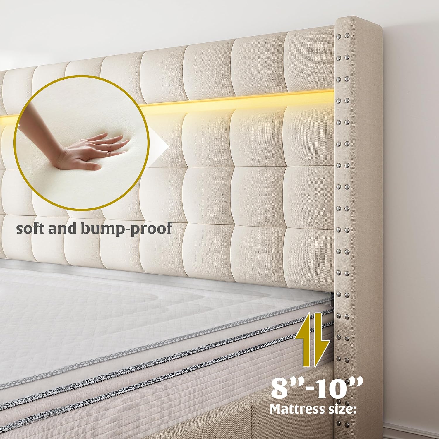 EnHomee Full Bed Frame with Adjustable Headboard &3 Storage Drawers,Upholstered Bed Frame Full Size with LED Light,No Box Spring Needed,Noise Free,Easy Assembly,Beige