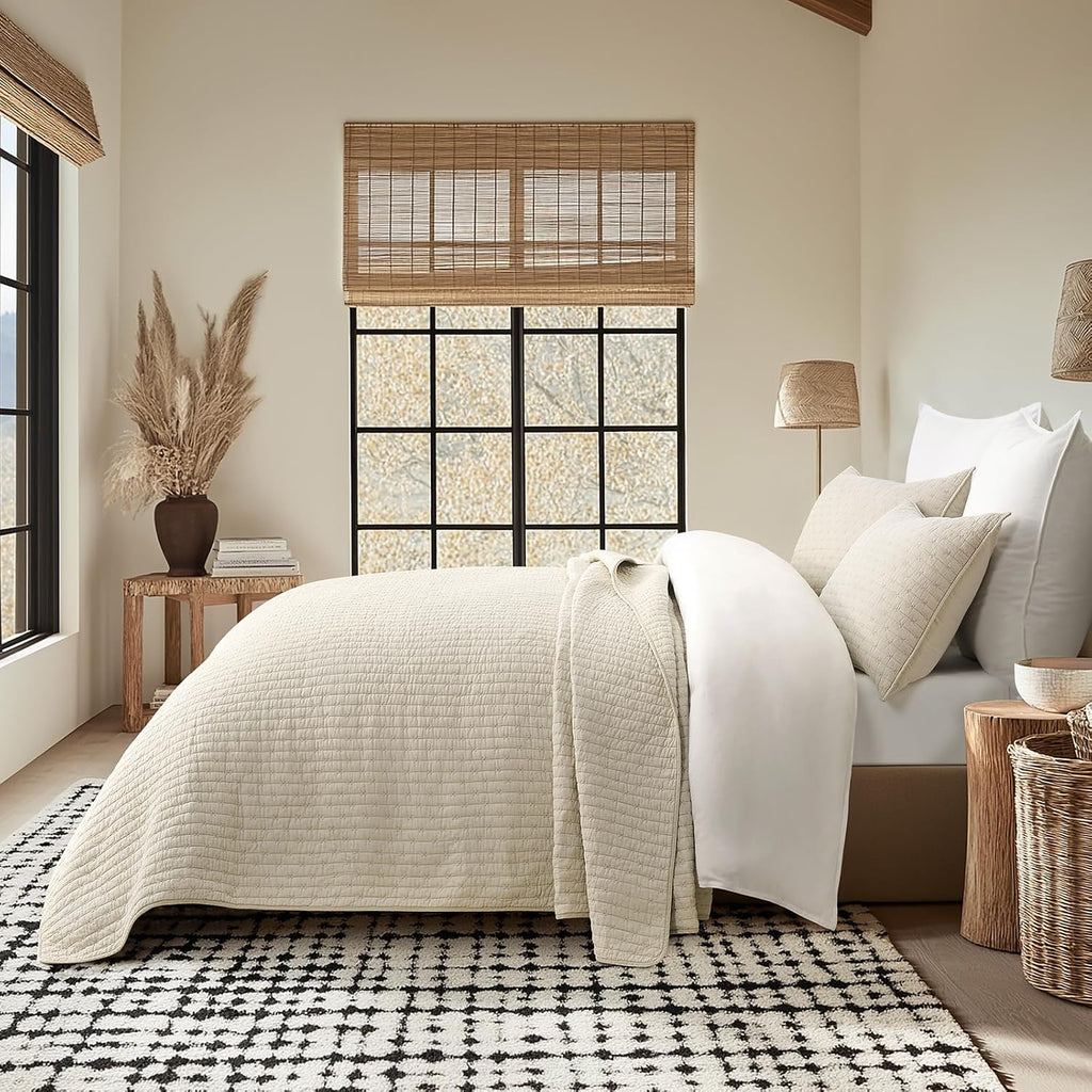 EVERGRACEHOME Cross Stitch Pre-Washed Cotton Quilt Bedding Set King Size, Oversized 3 Pieces Lightweight Bedspread Coverlet for All Season, with 2 Matching Shams, Flax Beige,118'x106' | Cross Stitch