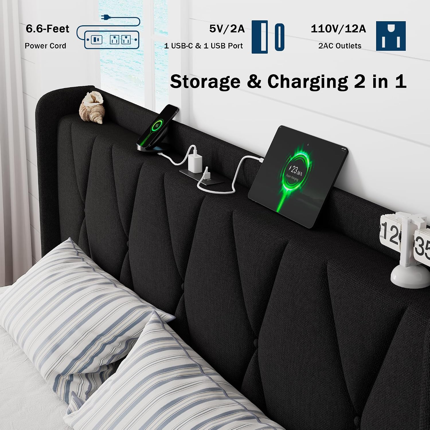 GalnFu King Bed Frame with 4 Storage Drawers, Upholstered Platform Bed with Charging Station, Modern Wingback Storage Headboard, Easy Assembly,Noise-Free, Black