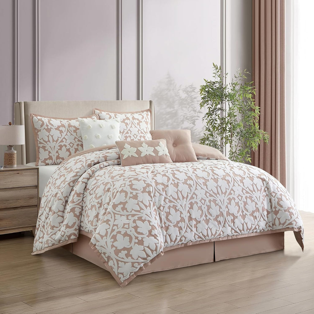 Stratford Park Floral Leaves Comforter Set, Blush California King Size Bedding, 7 Piece Jacquard Bedding Set, All Season, Matching Pillows, Shams, Bed Skirt