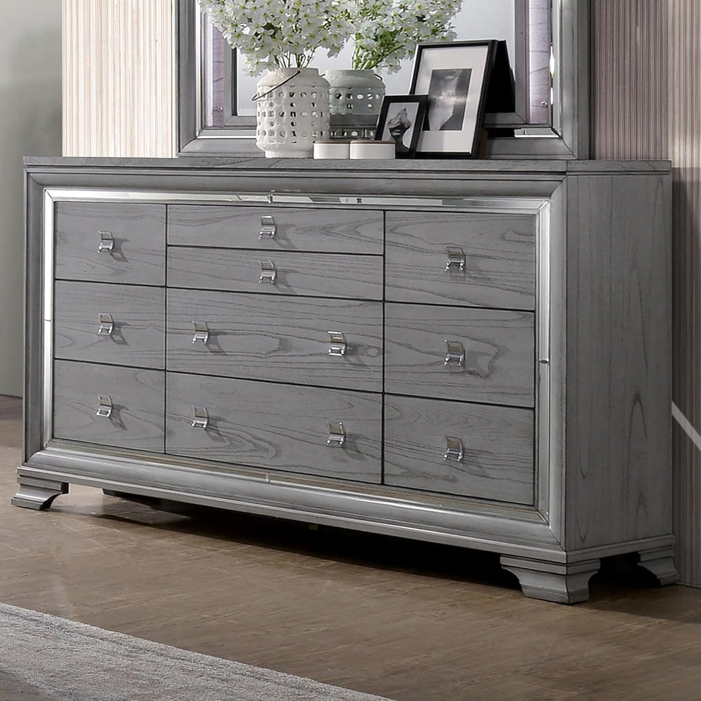 Furniture of America Zenka Wood Frame 2-Piece Bedroom Set, California King-Size Bed with Lighted & Padded Headboard, 10-Drawer Dresser, Felt-Lined Top Storage, Box Spring Required, Light Gray