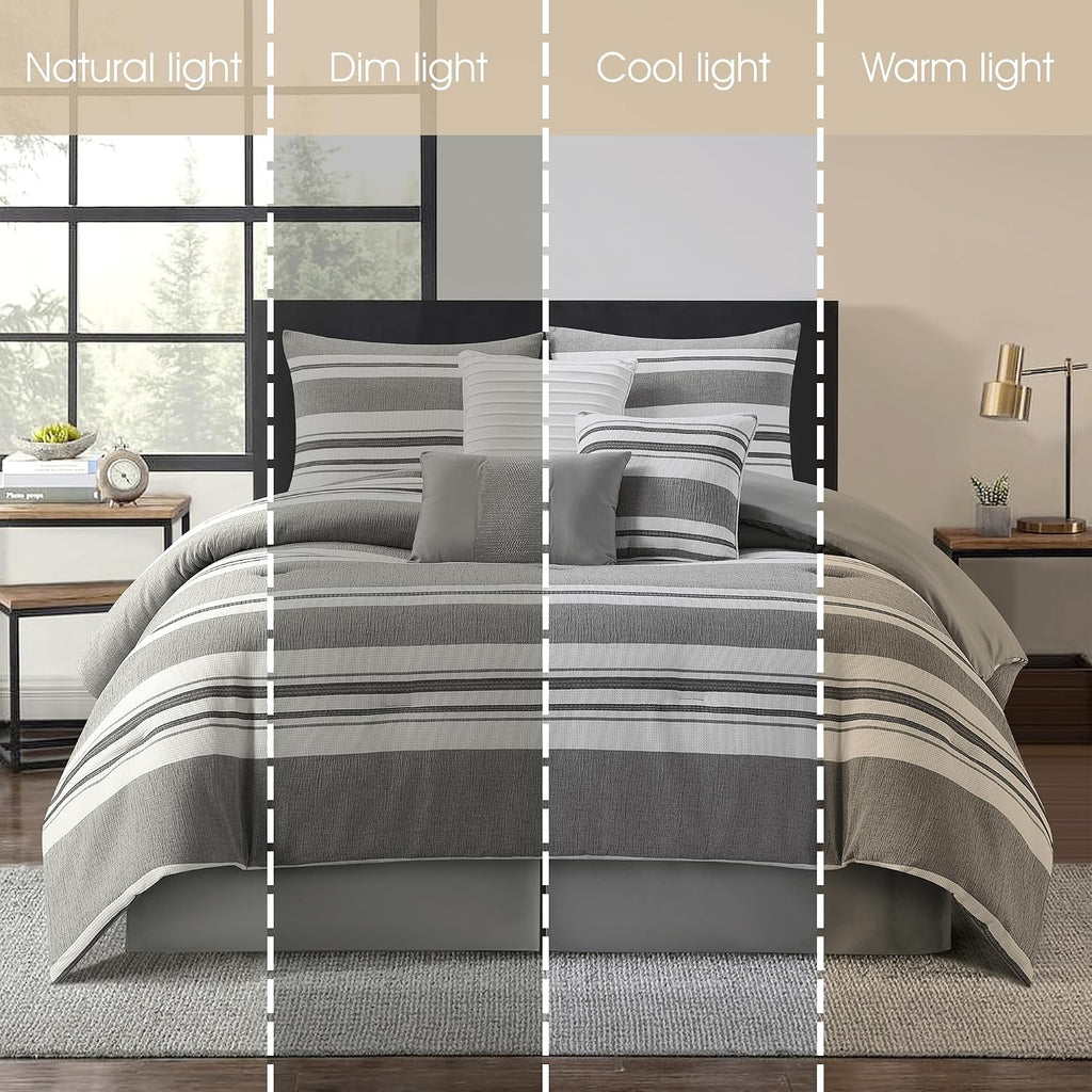 Stratford Park White Grey Comforter Set Queen Size, 7 Piece Geometric Jacquard Bedding Set, Matching Bedskirt, Pillows & Shams, Curtains