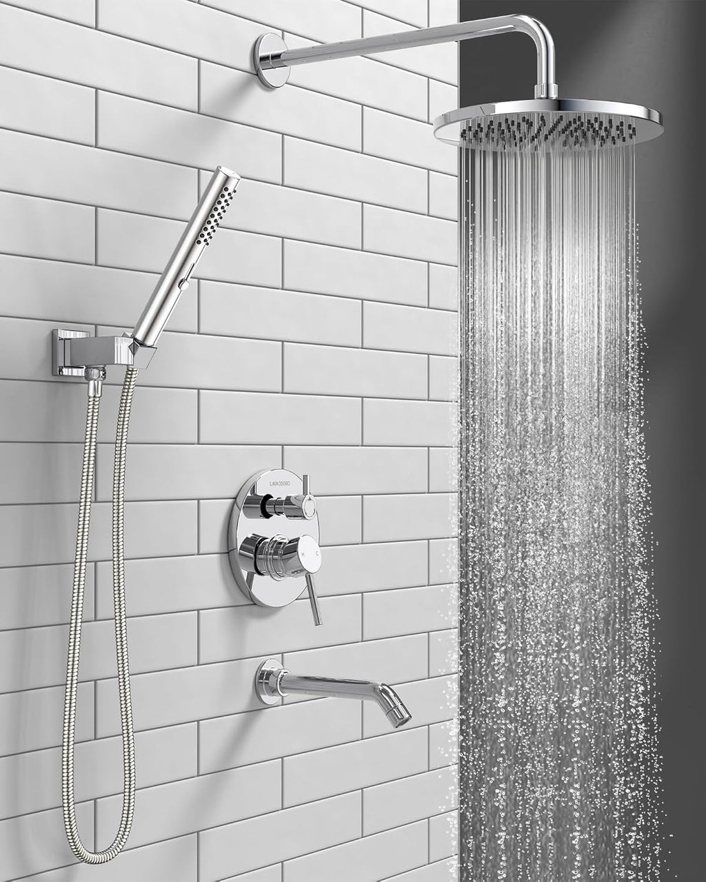 Lava Odoro Modern 3-Setting Round Rain Bathtub and Shower Faucet Set, Chrome Rainfall Shower Head and Handle Set, Rain Shower System with Tub Spout, Shower Valve Trim Kit, Chrome, SF104-C-T