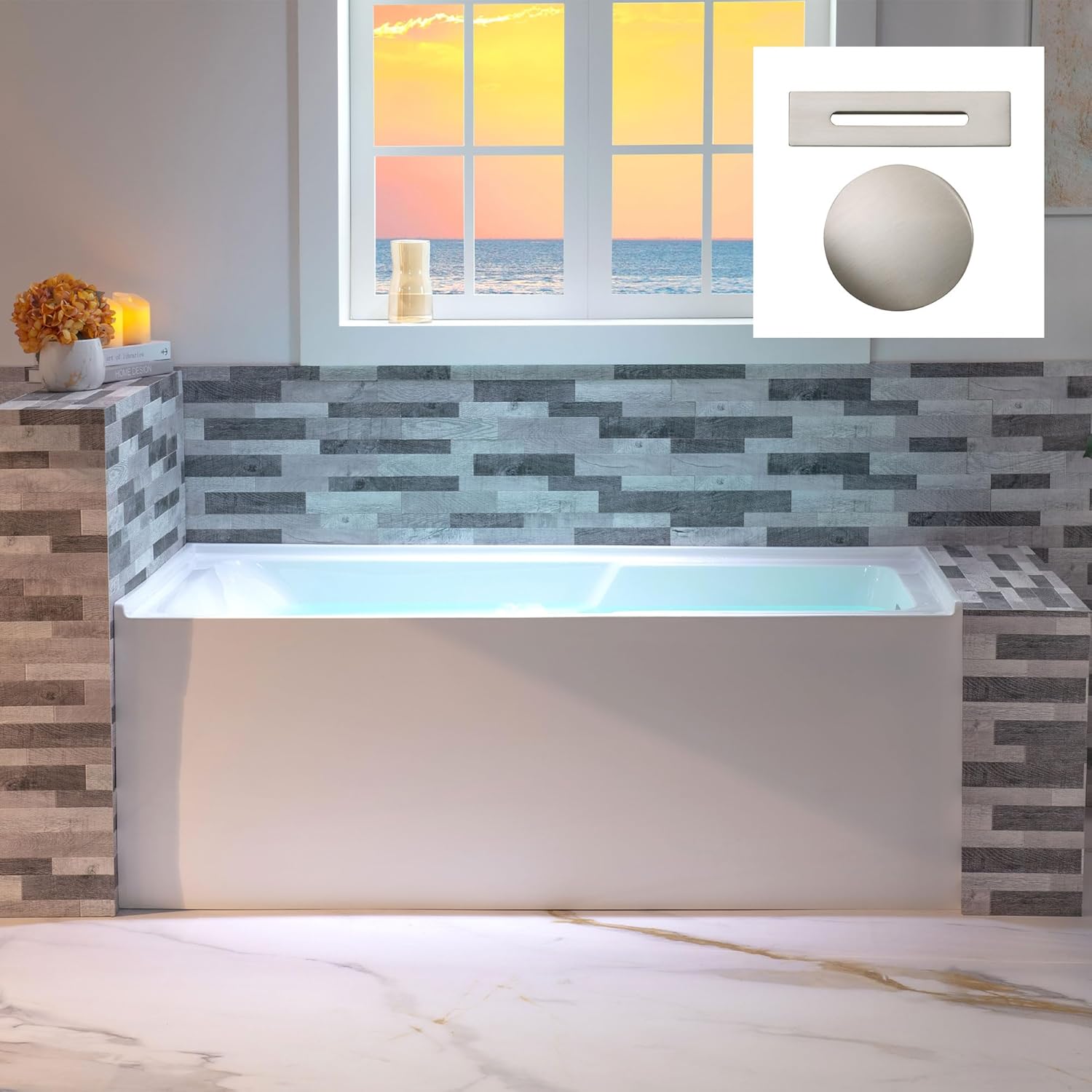 WOODBRIDGE 60' Acrylic Rectangular Alcove Soaking Bathtub in White with Right Drain, Brushed Nickel Pop-Up Drain Included BA6030R