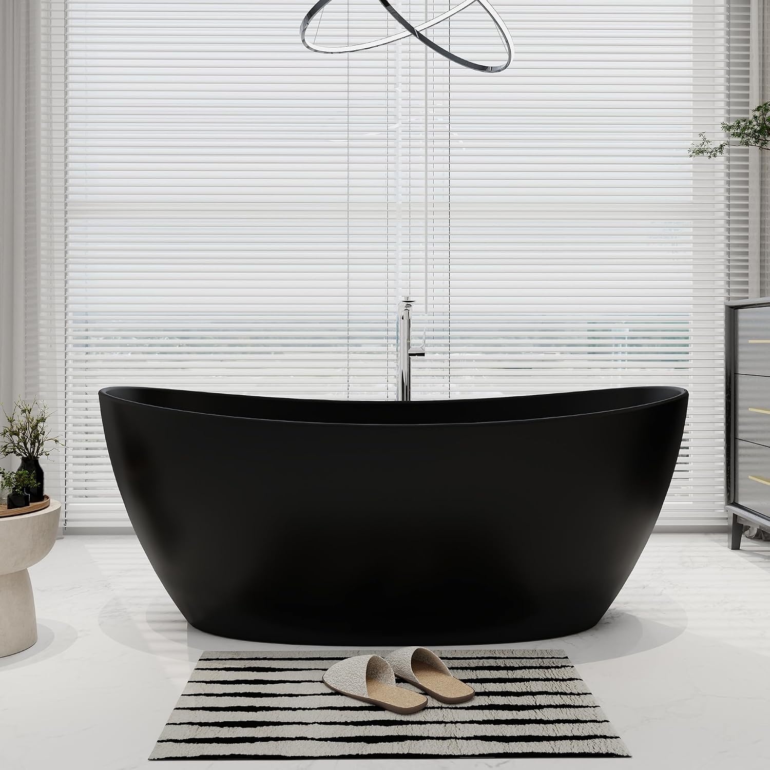 SJ STAR&JANE 65' Solid Surface Freestanding Bathtub Stone Resin Soaking Tub Matte Black Double Slippers Stand Alone Oval Tub with Pop-up Drain and Overflow for Bathroom
