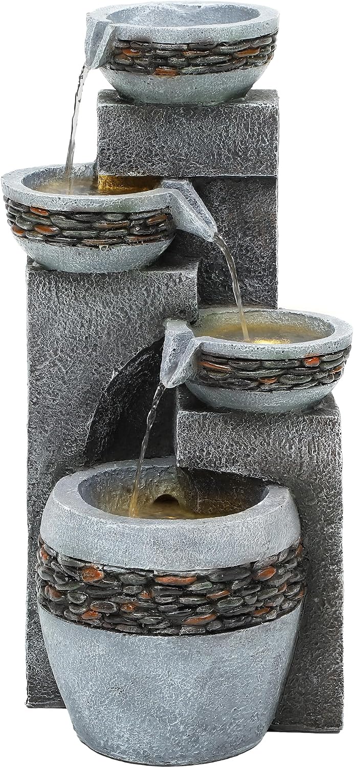 4-Tier 19.5' Indoor/Outdoor Fountain with LED Lights, Resin Pebble Tabletop Design,Soothing Cascading Waterfall for Garden/Patio/Deck/Home Decor
