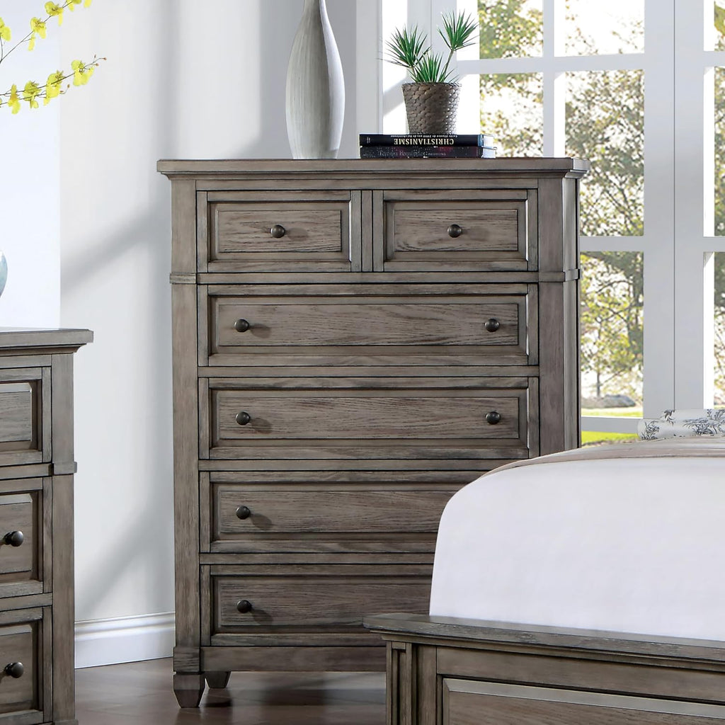 Furniture of America Xephyr Solid Wood 6-Piece Bedroom Set, Queen-Size Bed with Footboard Drawers, Felt-Lined Top & Ball-Bearing Glides, USB Port on Nightstand, Box Spring Required, Warm Gray