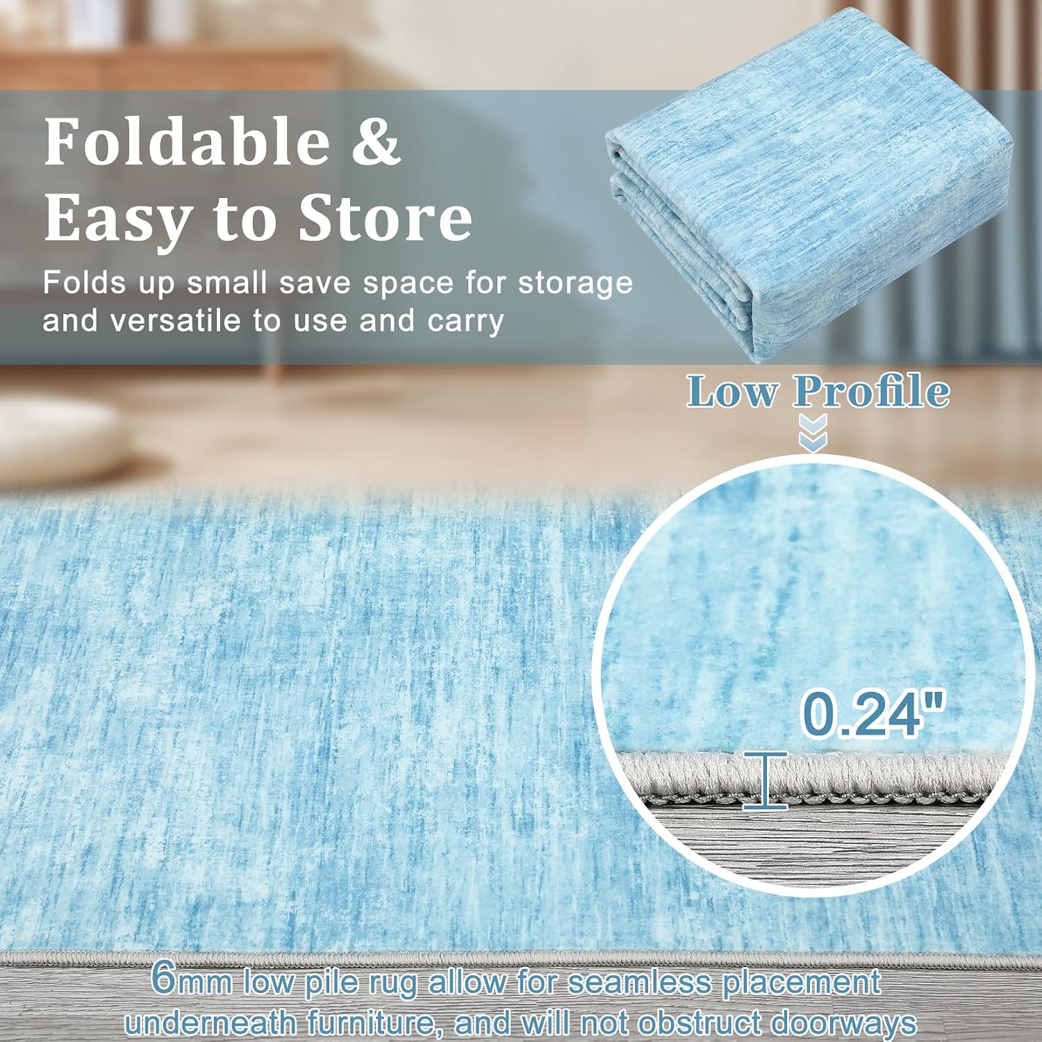 RUGSREAL Washable Rug 10x13 for Living Room Modern Abstract Area Rug Non-Slip Large Contemporary Bedroom Rug Stain Resistant Aesthetic Accent Floor Carpet Foldable Solid Rug for Home Office, Blue