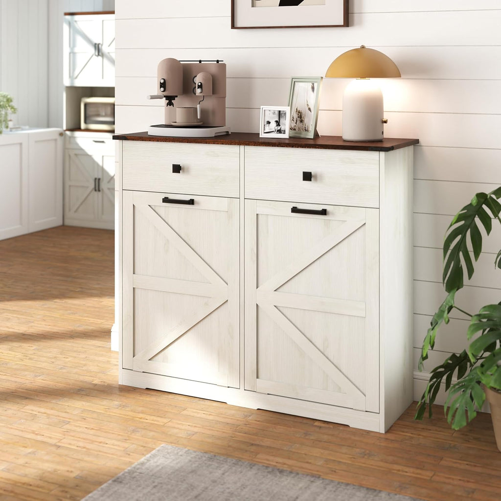 Farmhouse Double Tilt-Out Trash Cans for 2×10 Gallon Bins, Barn Door Style Recycling Cans w/ Hideaway Drawer, Free-Standing Kitchen Garbage Bin Holder, Laundry Sorter Cabinet w/ Tilt-Out Design.