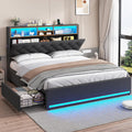 HAUOMS Full Size Bed Frame with Hidden Storage Headboard and 4 Drawers, Upholstered Platform Bed Full with LED Lights & Charging Station, No Box Spring Needed, Noise-Free, Dark Grey