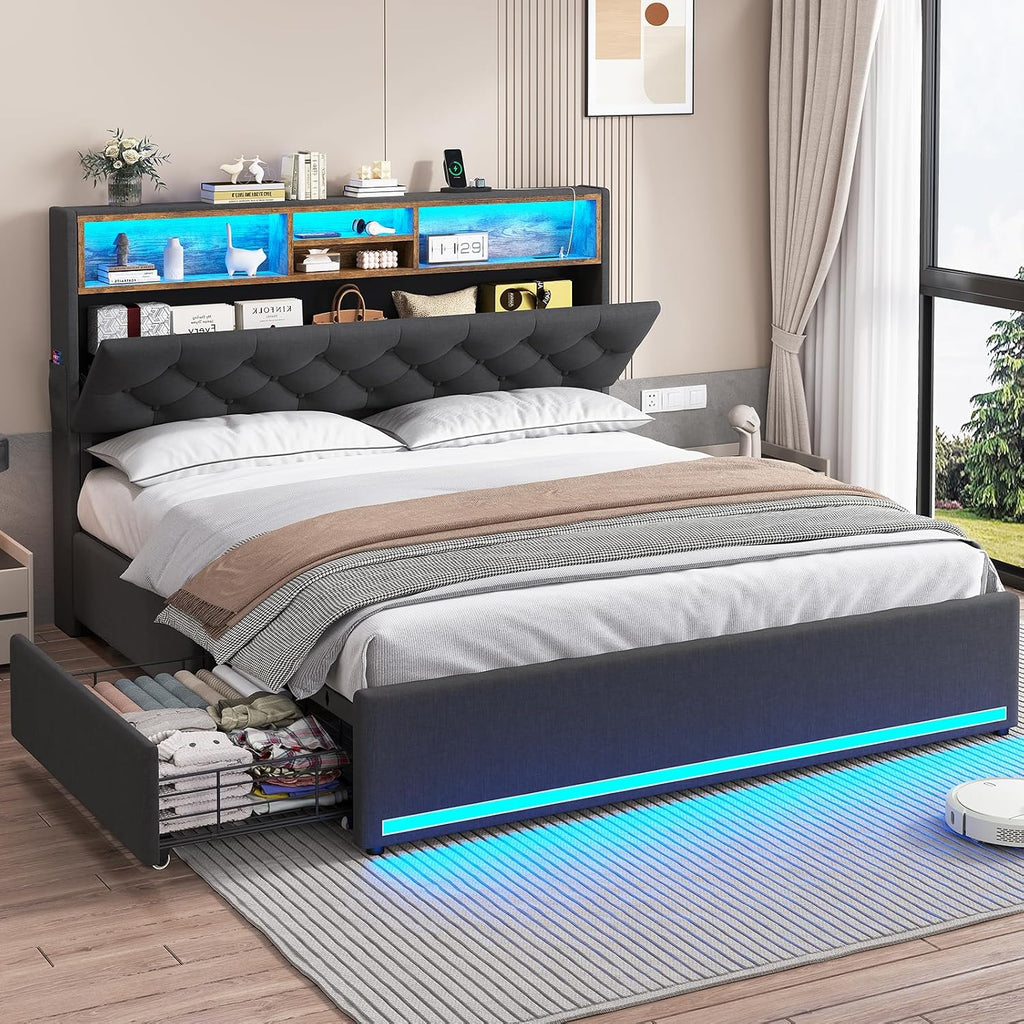 HAUOMS Queen Bed Frame with Hidden Storage Headboard and 4 Drawers, Upholstered Platform Bed Frme Queen Size with LED Lights & Charging Station, No Box Spring Needed, Noise-Free, Dark Grey