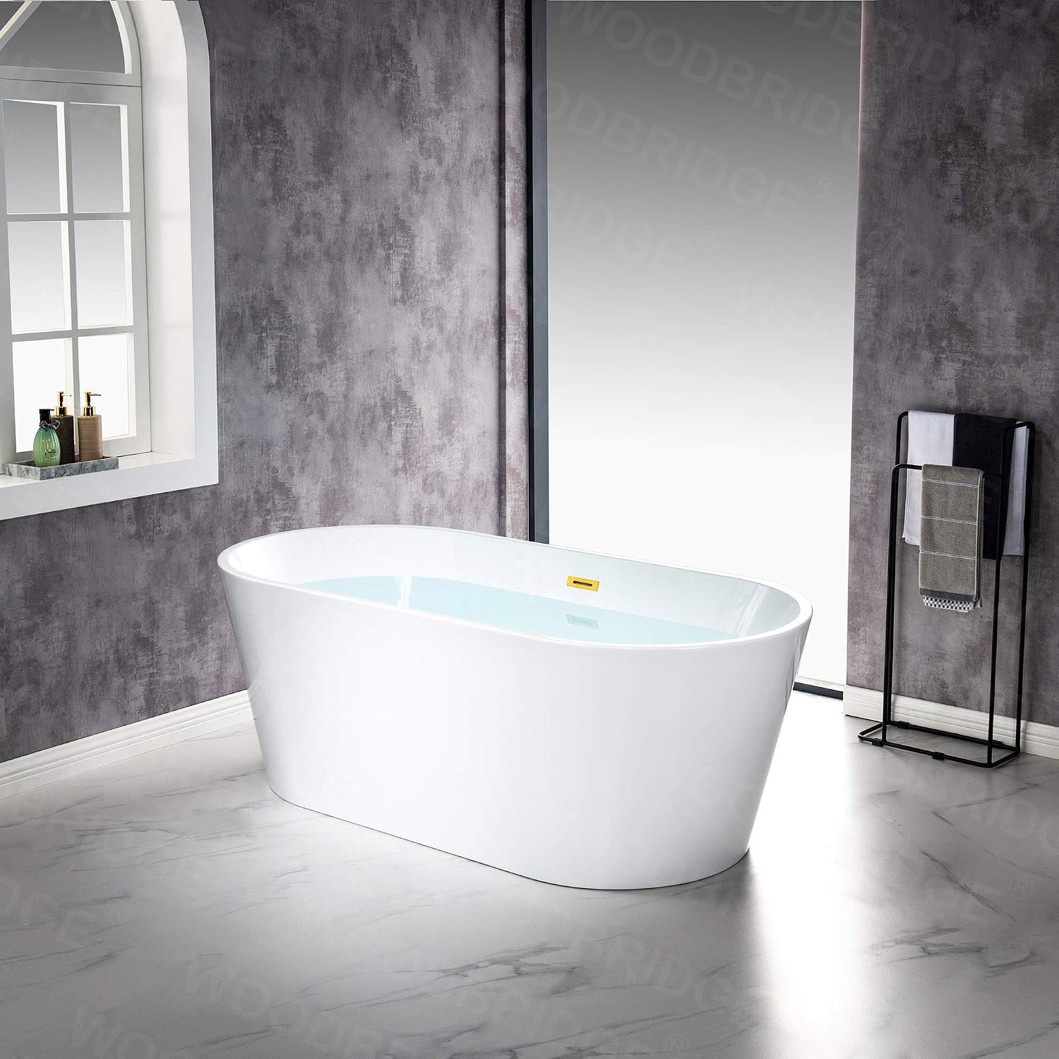 WOODBRIDGE 67'Freestanding White Acylic Soaking Bathtub with White Pillow,Drain and Overflow in Brushed Gold,BTA1513 -BG-Drain &O+ Pillow