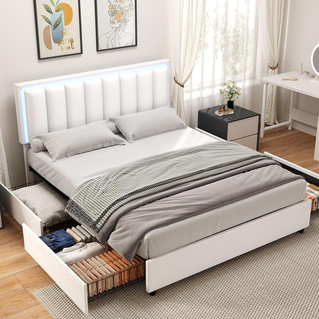 IMMERSTABLE Queen Size Bed Frame with Headboard and 4 Storage Drawers, Faux Leather Upholstered Platform Bed with LED Lights, Metal and Wood Slats, No Box Spring Needed, Easy Assembly, White