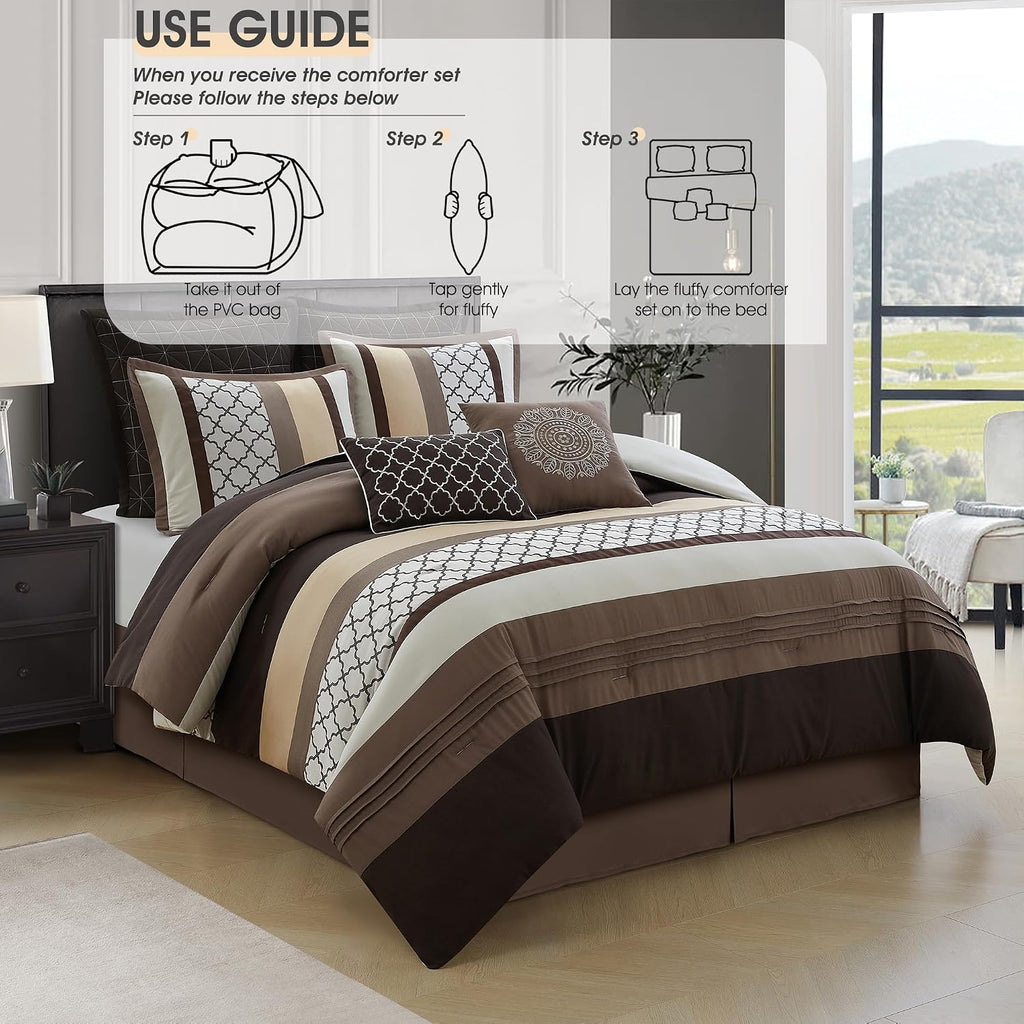 LANCO MODERN LIFESTYLE Queen Comforter Set, Brown Bedding Set, Jacquard Woven with Geometry, 16 Pieces Room in a Bag, Sheets, Bedskirt, Pillow Shams and Cases, Decorative Pillows and Curtains