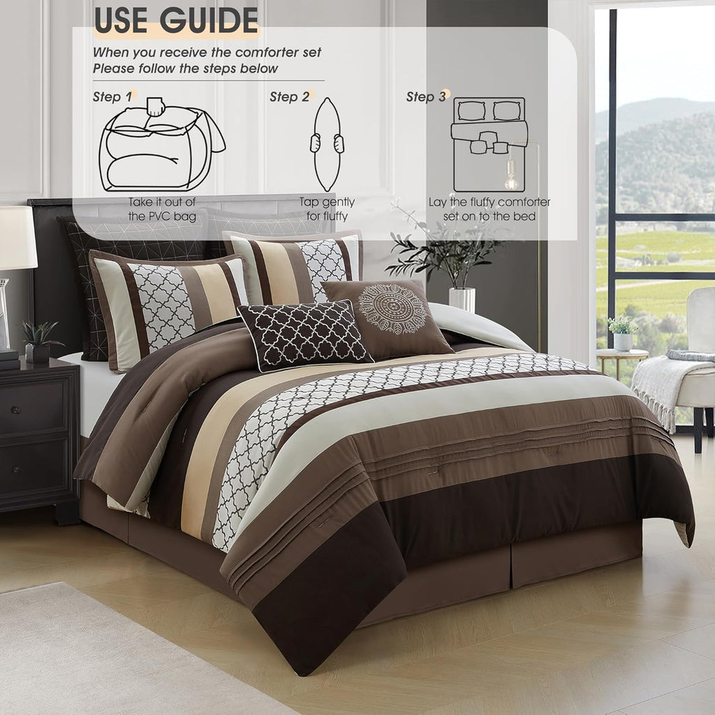 LANCO MODERN LIFESTYLE California King Comforter Set, Brown Bedding Set, Jacquard Woven with Geometry, 16 Pieces Room in a Bag, Sheets, Bedskirt, Pillow Shams and Cases, Decor Pillows and Curtains