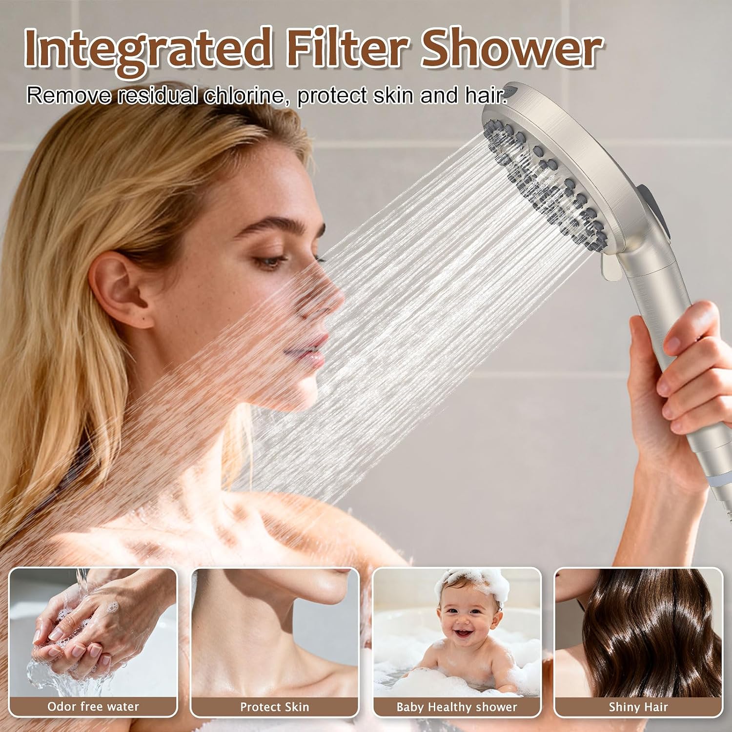 Iriber Brushed Nickel Bathtub Shower Faucet Set，Bathroom Shower System with Tub Spout ，Filtered Shower Head with Handheld, 9 Spray Mode Showerhead,Shower Valve Trim Kit Contain Cartridge,10 Inch