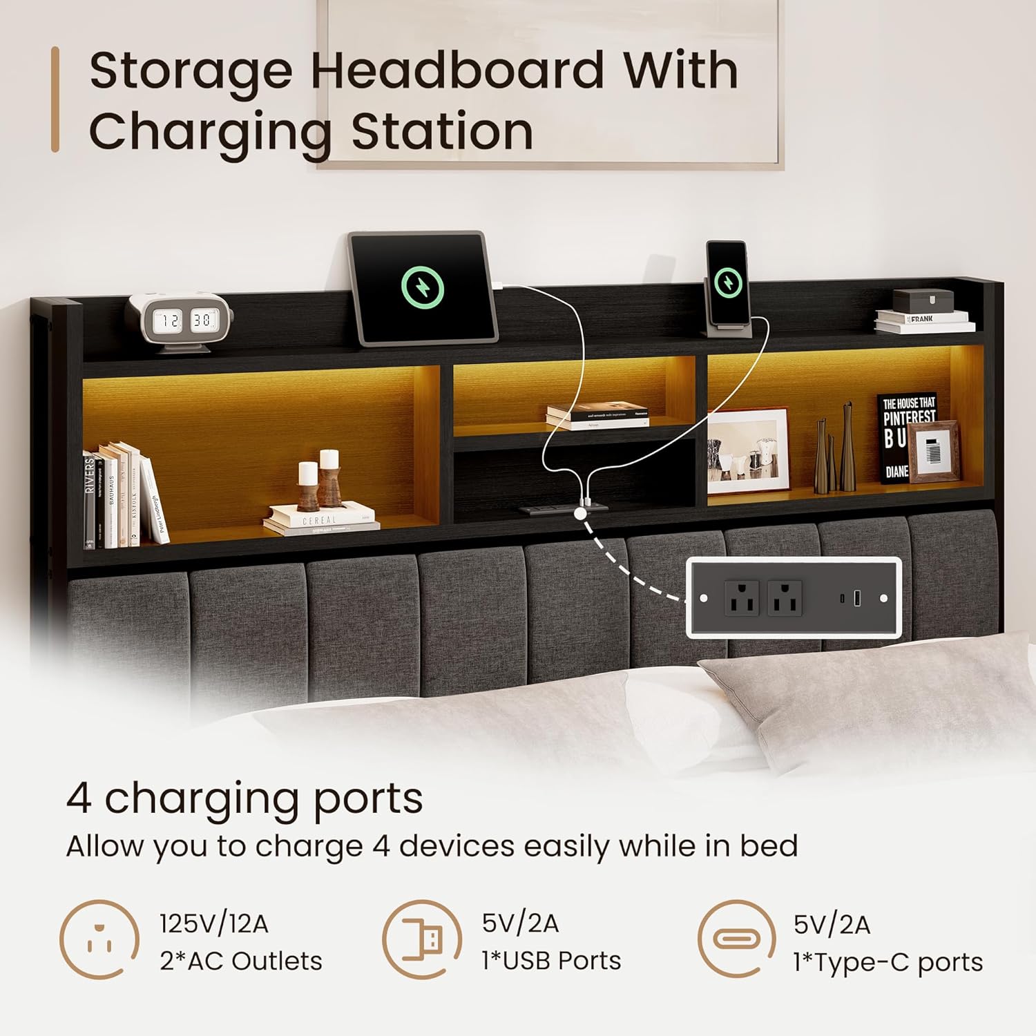 BRELTAM Queen Bed Frame with 6 Storage Drawers, Linen Upholstered Headboard, Built-in USB Charging Station & LED Lighting, Silent Metal Support, No Box Spring Needed, Vintage Black