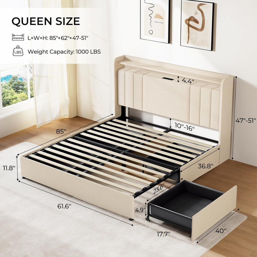 koorlian Queen Size Upholstered Bed Frame with Storage Headboard and 4 Dustproof Drawers, 51'' Tall LED Platform Bed Frame with Adjustable Headboard, USB/Type-C Charging and Side Storage, Off White