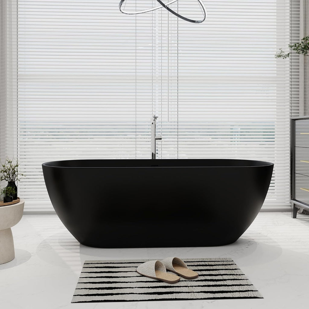 SJ STAR&JANE 69' Solid Surface Freestanding Bathtub Oval Stone Resin Soaking Tub Modern Stand Alone Tub with Overflow & Pop-up Drain, Matte Black for Bathrooms
