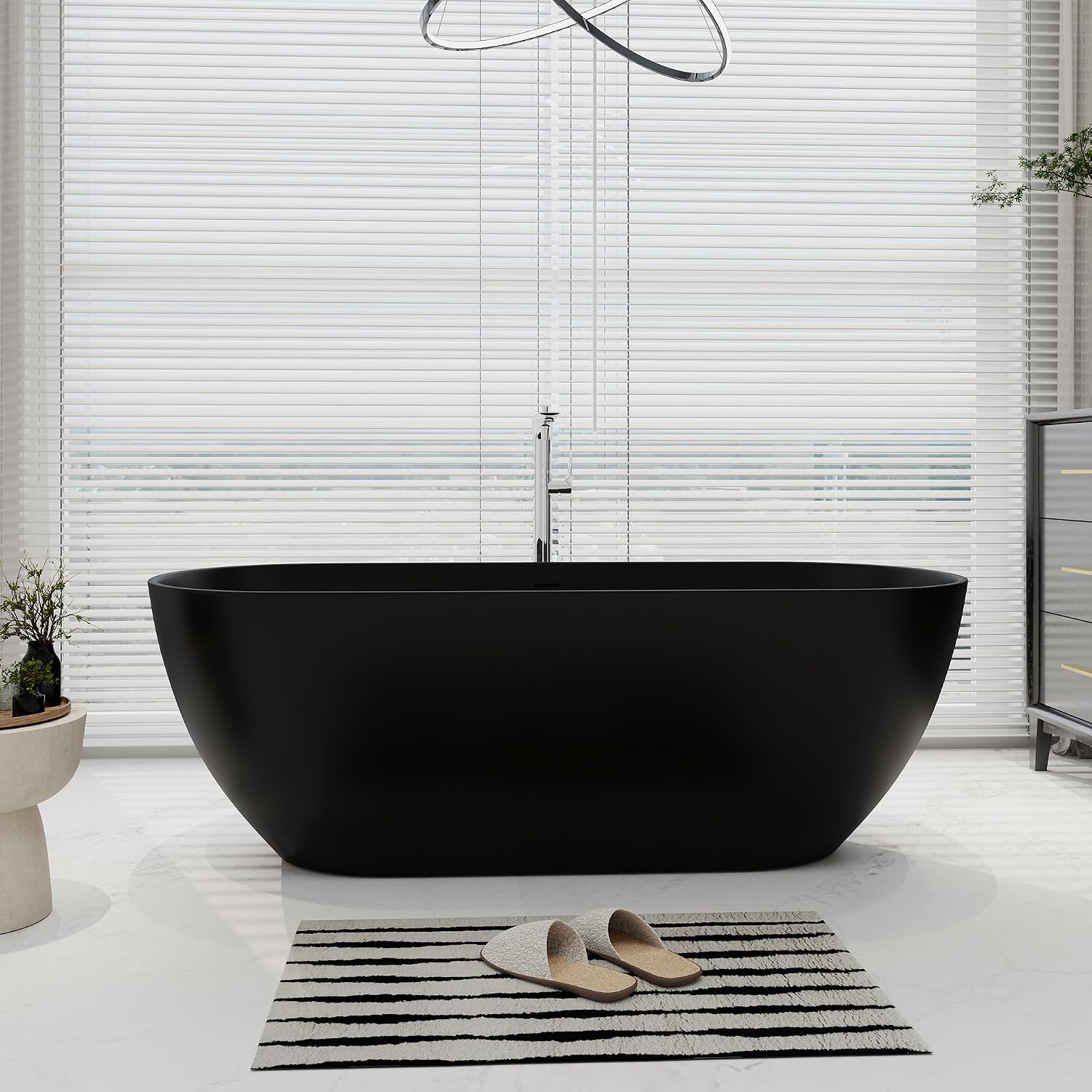 SJ STAR&JANE 69' Solid Surface Freestanding Bathtub Oval Stone Resin Soaking Tub Modern Stand Alone Tub with Overflow & Pop-up Drain, Matte Black for Bathrooms