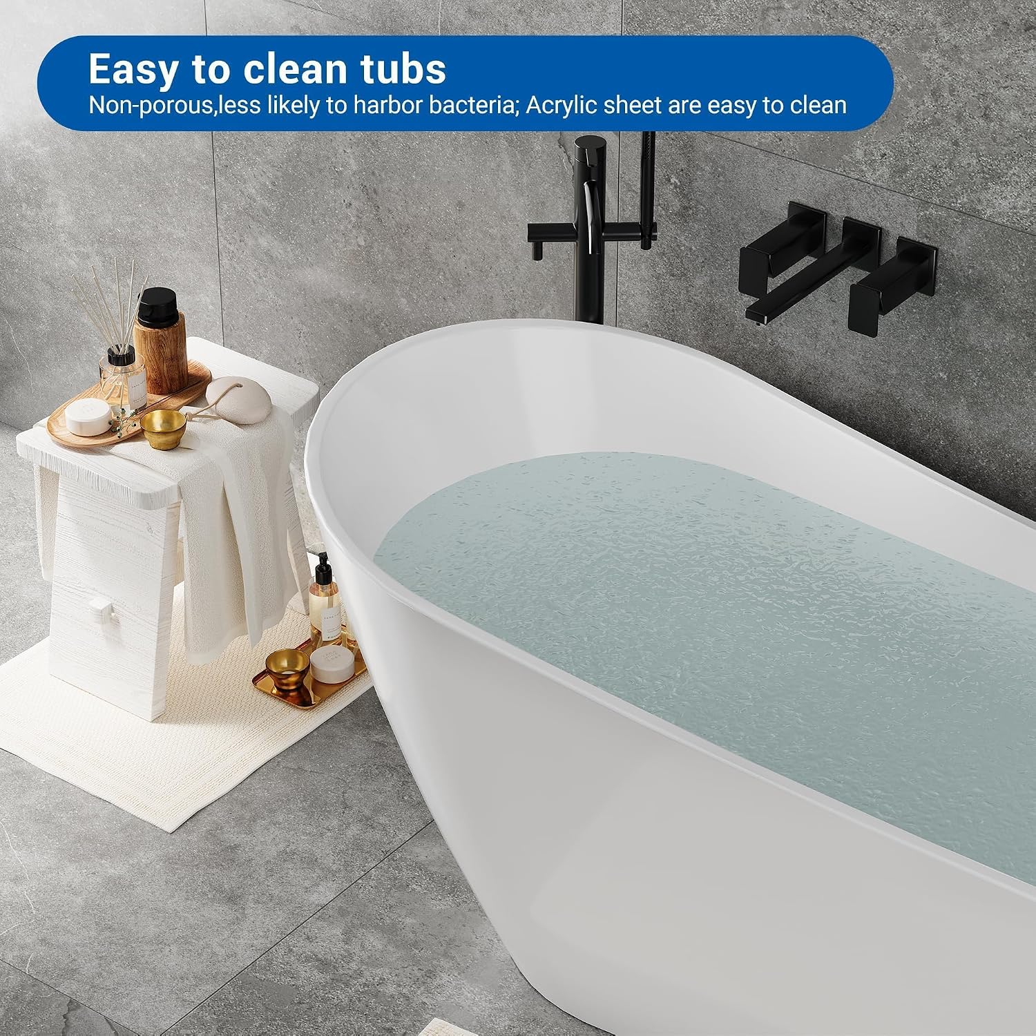 67 Inch Acrylic Freestanding Bathtub, Deep Soaking Tub with Non-Slip Base, cUPC Certified Free Standing Modern Bath Tub with Chrome Drain, Easy-Clean White Soaking Tub for Bathroom, Home Spa