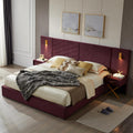 Luxurious Queen Platform Bed Frame, Velvet Upholstered Headboard with 2 Built-in Wall Sconces & Nightstands, Sturdy Metal & Solid Wood Frame, Squeak-Free, No Box Spring Needed, Burgundy Red