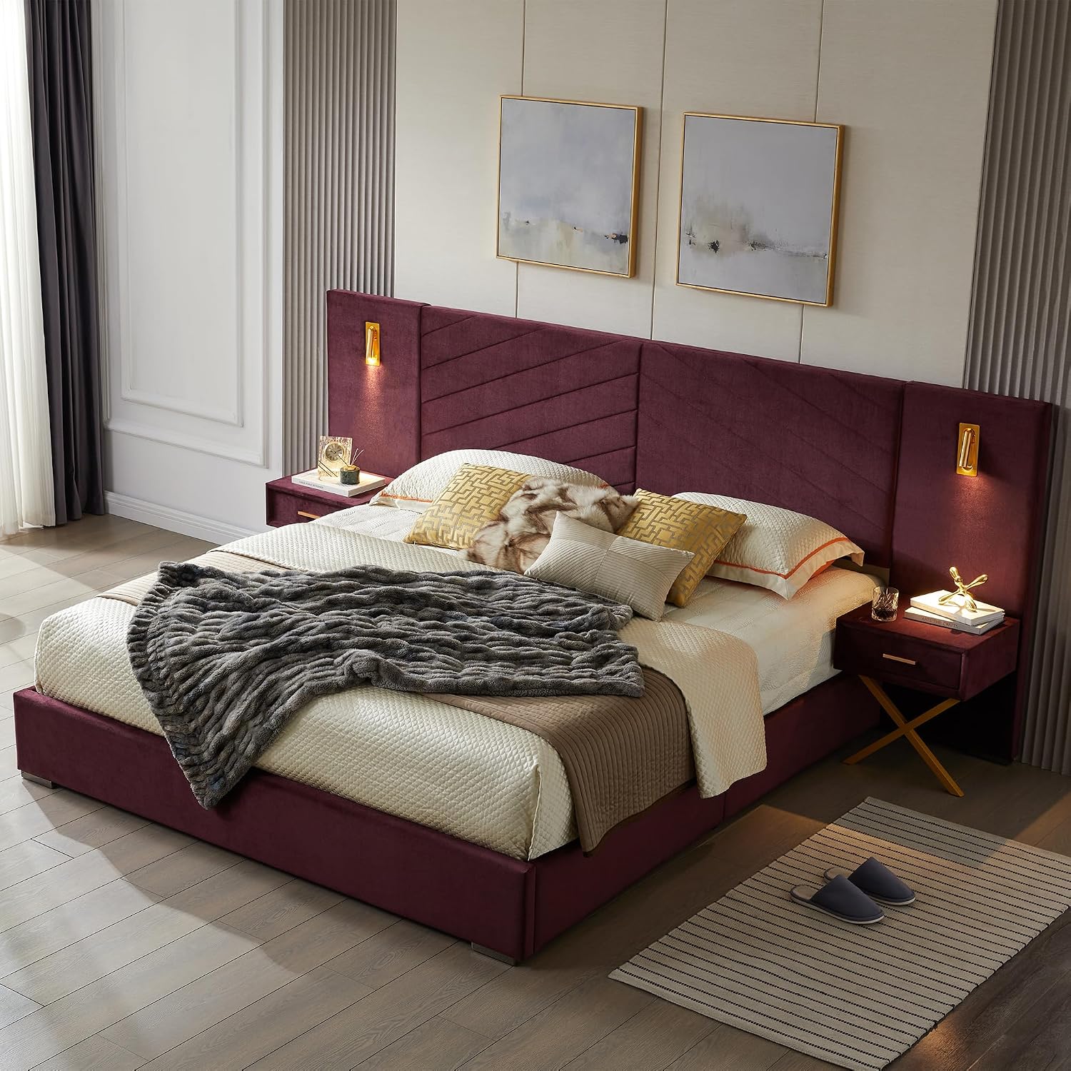 Luxurious Queen Platform Bed Frame, Velvet Upholstered Headboard with 2 Built-in Wall Sconces & Nightstands, Sturdy Metal & Solid Wood Frame, Squeak-Free, No Box Spring Needed, Burgundy Red