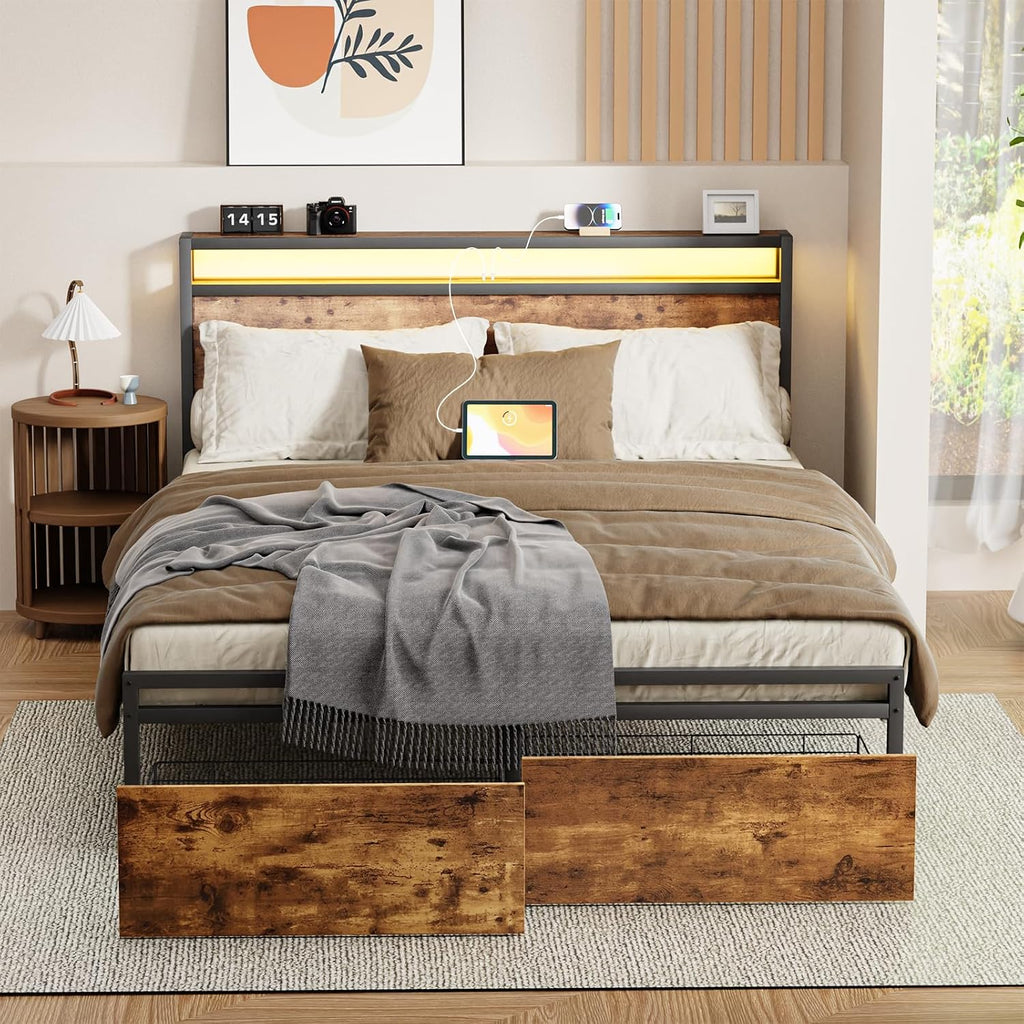 Zevemomo Full Bed Frame w/Storage Drawers and Headboard, Wooden Full Size Bed Frame w/Adjustable RGB LED Lights & Charging Station, Built-in USB Ports for Charging, Brown Full Metal Platform Bed