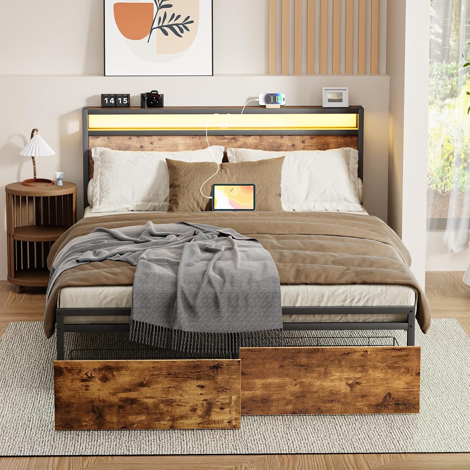 Zevemomo Full Bed Frame w/Storage Drawers and Headboard, Wooden Full Size Bed Frame w/Adjustable RGB LED Lights & Charging Station, Built-in USB Ports for Charging, Brown Full Metal Platform Bed