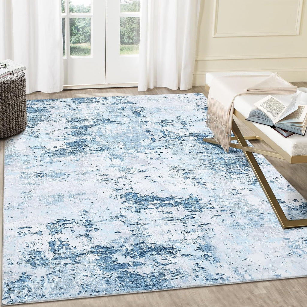 ROYHOME 9x12 Modern Abstract Accent Rug for Living Room Stain Resistant Non Slip Low Pile Accent Bedroom Rug Indoor Floor Cover for Office Home Decor, Blue