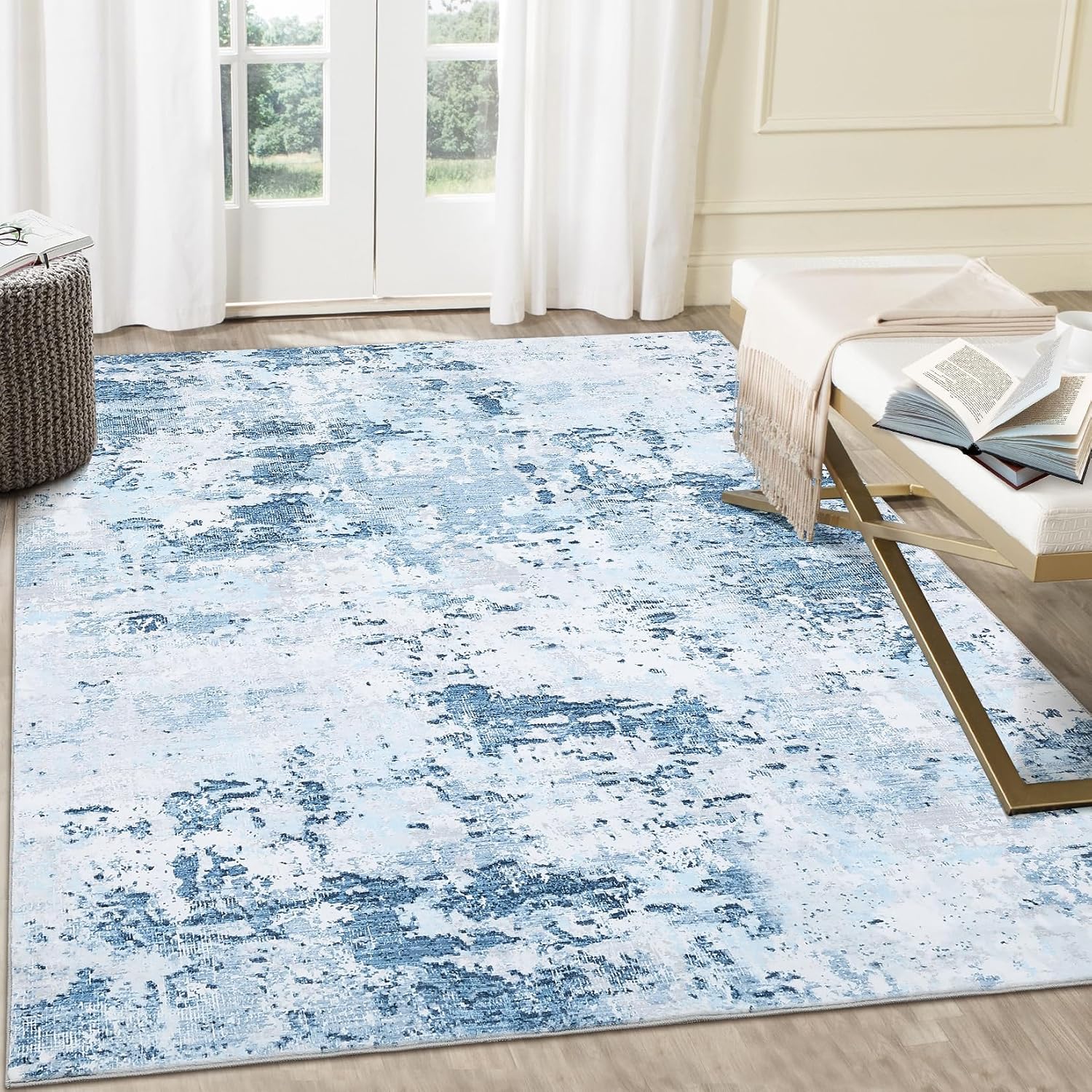 ROYHOME 9x12 Modern Abstract Accent Rug for Living Room Stain Resistant Non Slip Low Pile Accent Bedroom Rug Indoor Floor Cover for Office Home Decor, Blue