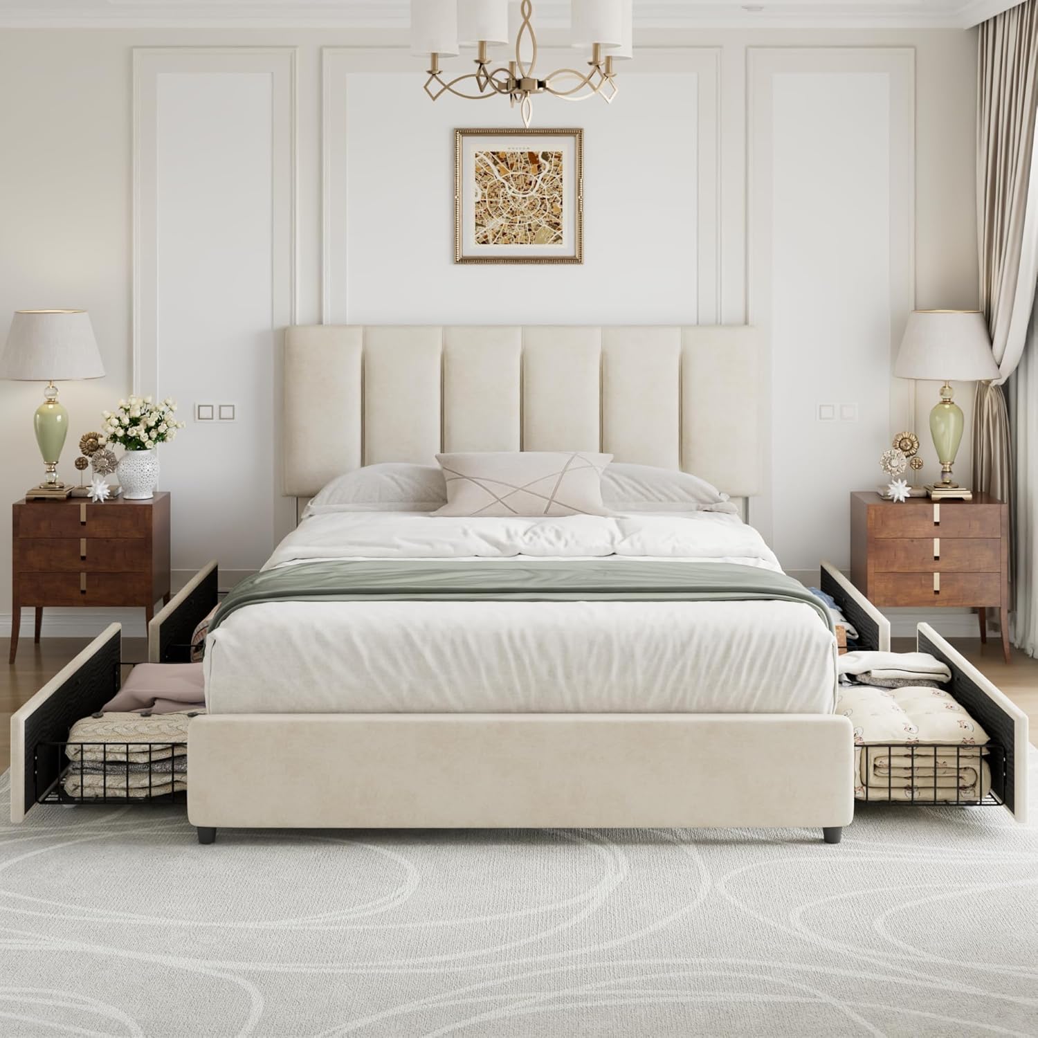VECELO Full Size Bed Frame with 4 Storage Drawers, Adjustable Height Headboard, Heavy-Duty Platform Bedframe with Strong Wooden Slats, No Box Spring Needed, Pale Beige