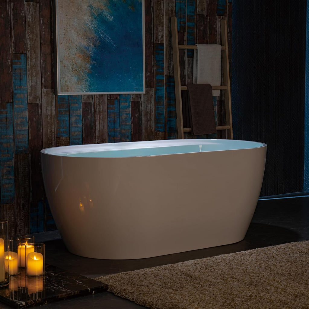 WOODBRIDGE 59' Acrylic Freestanding Bathtub Contemporary Soaking White Tub with Matte Black Overflow and Drain,White,B0064 MB