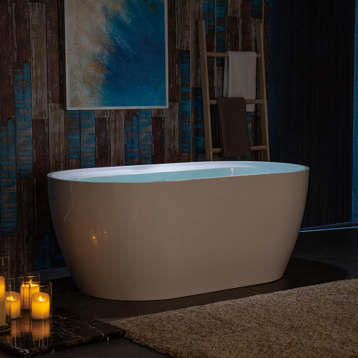 WOODBRIDGE 59' Acrylic Freestanding Bathtub Contemporary Soaking White Tub with Matte Black Overflow and Drain,White,B0064 MB
