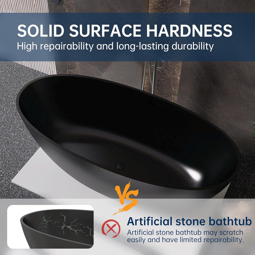 65'' Black Bathtub,Stone Resin Solid Surface Freestanding Bathtub, Modern Elegant Design Soaking Stand Alone Tub, Matte Black, Drain and Overflow Included