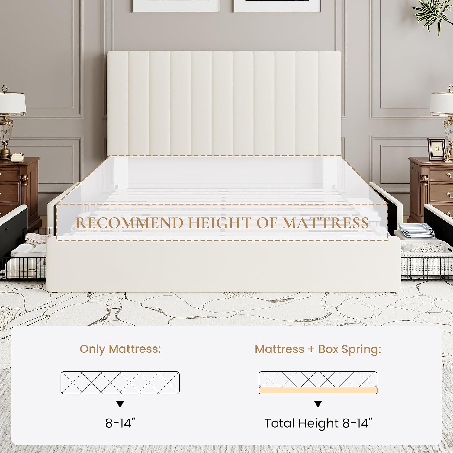 SHA CERLIN Queen Platform Bed Frame with 4 Storage Drawers, Vertical Channel Tufted Adjustable Headboard, Velvet Upholstered, Wooden Slats Support, No Box Spring Needed, Easy Assembly, Cream