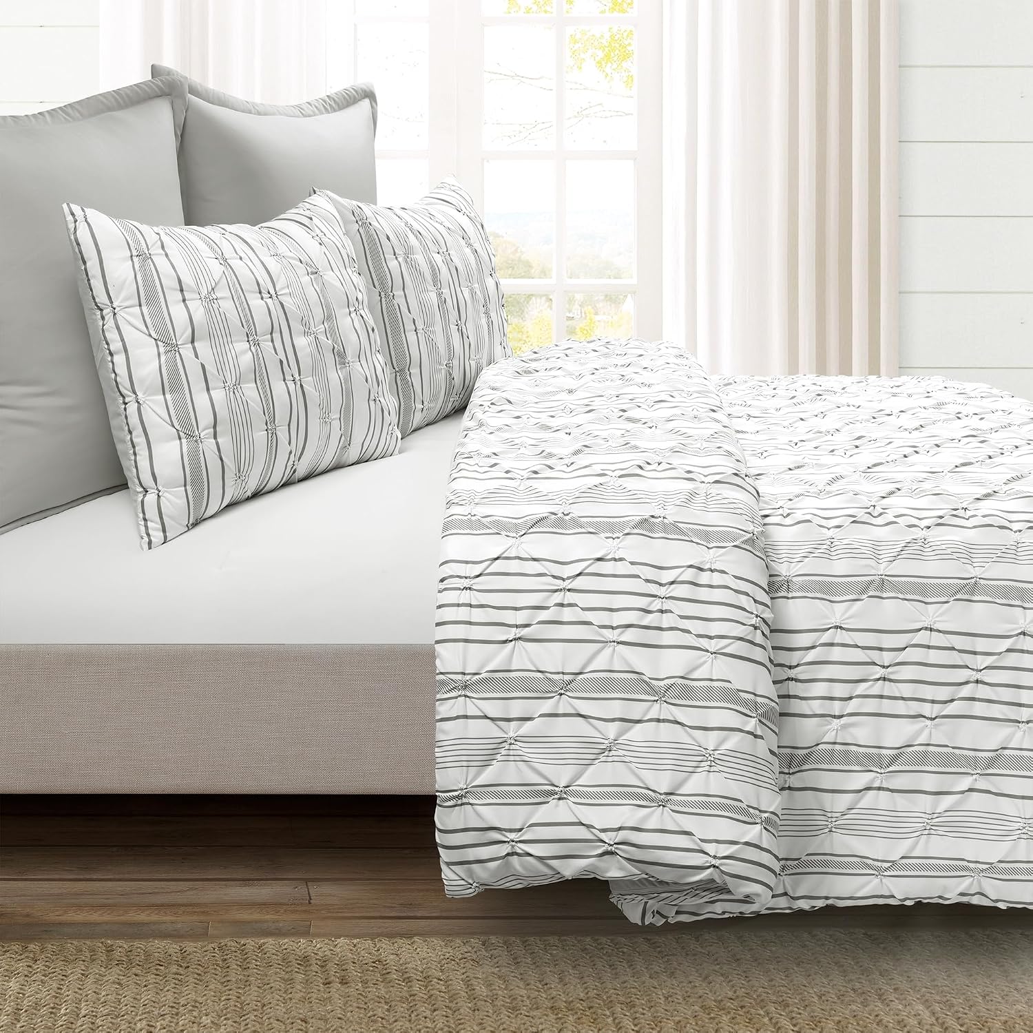 Lush Decor Ravello Pintuck Striped Comforter Set - Luxe 5 Piece Reversible Bedding Set - Traditional Glam & Farmhouse Inspired Bedroom Decor - Full/ Queen, Gray Stripe