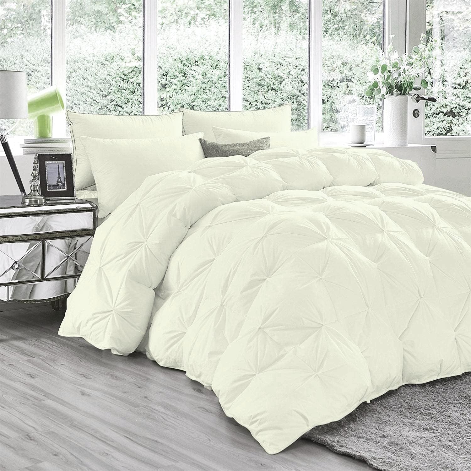 Pinch Pleated Ivory 5 Piece Soft 500 GSM California Queen Size Comforter Set (Comforter + 4 Pillowcases) 1000 Series Egyptian Cotton Comforter Set