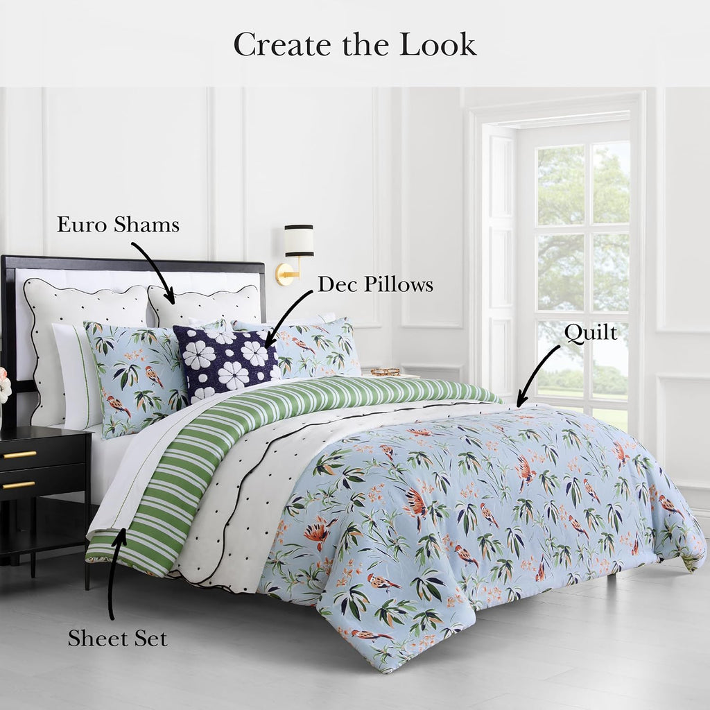 kate spade new york Bird Garden Full/Queen Comforter Set, 300 Thread Count Cotton Reversible Cover, All Season 3 Piece Bedding, Machine Washable, Floral Multicolor