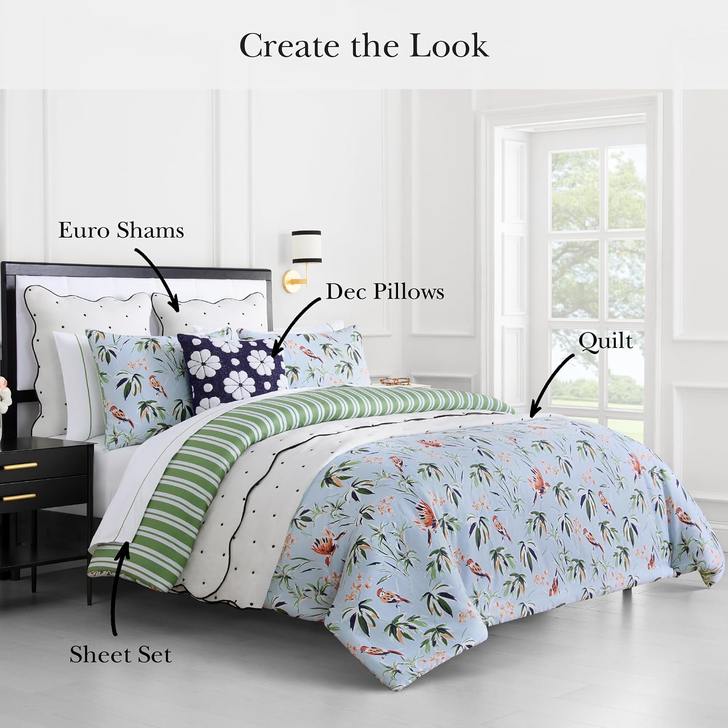 kate spade new york Bird Garden Full/Queen Comforter Set, 300 Thread Count Cotton Reversible Cover, All Season 3 Piece Bedding, Machine Washable, Floral Multicolor