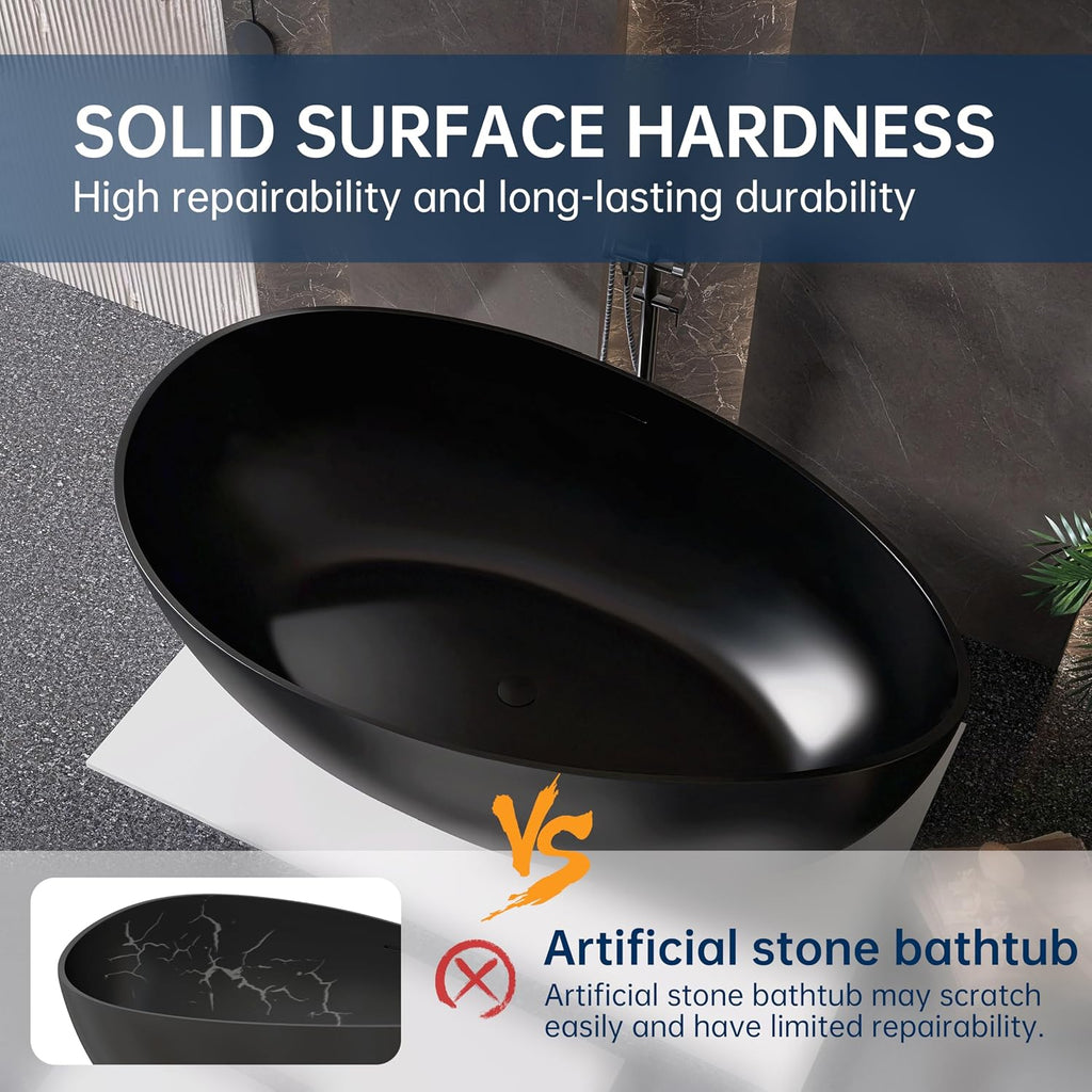 63'' Black Bathtub,Stone Resin Solid Surface Freestanding Bathtub, Modern Elegant Design Soaking Stand Alone Tub, Matte Black, Drain and Overflow Included
