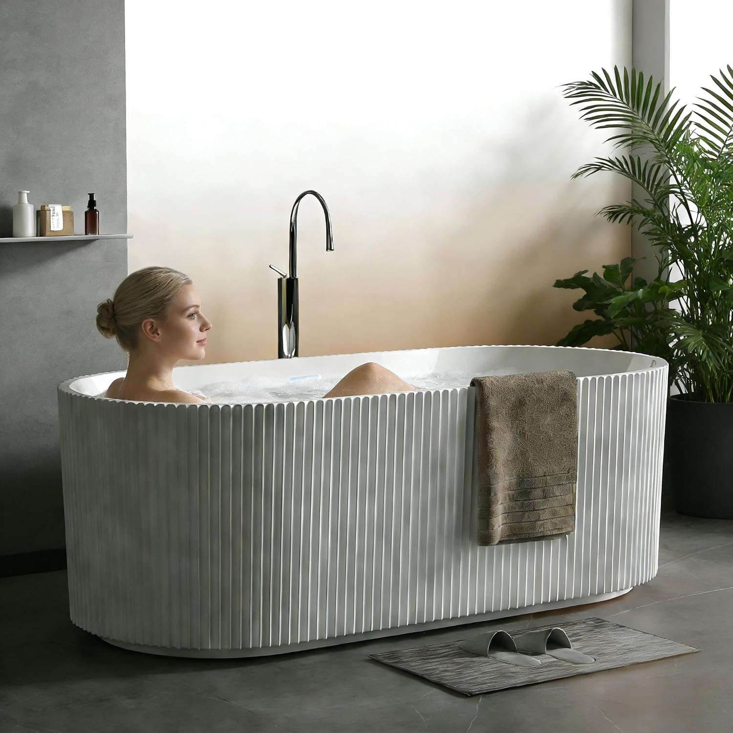 Acrylic Freestanding Bathtub, Deep Soaking Stripe Tub with Drain, Solid Surface Stand Alone Bath, Contemporary Indoor Bathroom Spa Tub for Adults, Large Foot Soak, White