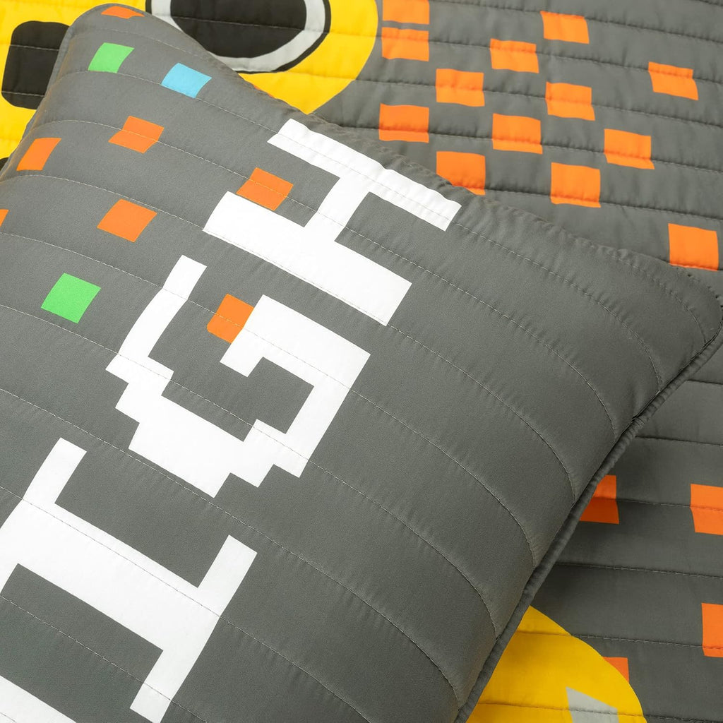 Lush Decor Video Games Reversible Quilt Twin Size 4 Piece Set Gray & Yellow - Toddler Bedding Set Twin Quilt - Kids Bedroom Decor