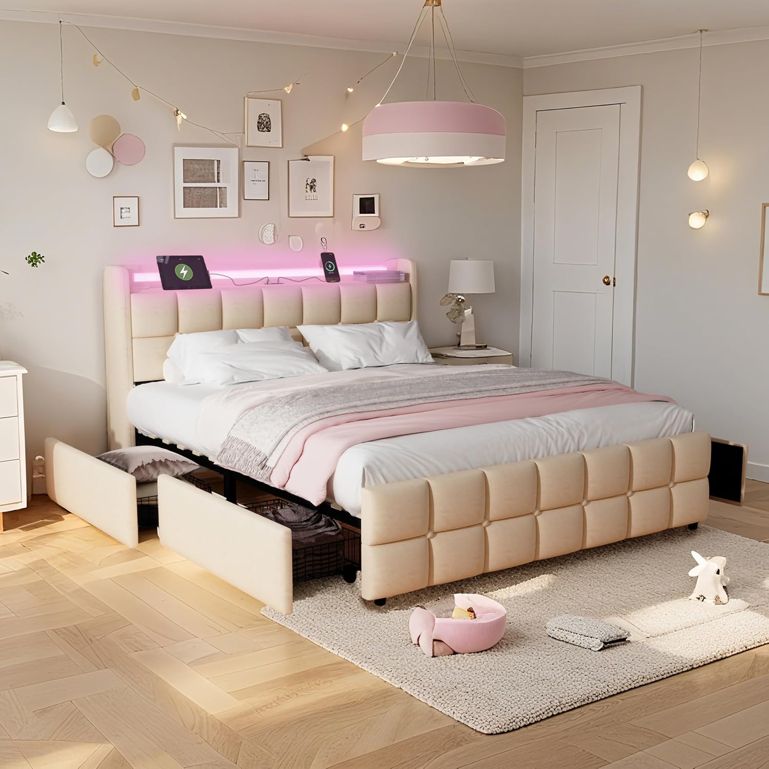 Modern LED Storage Bed with Charging Station All-Metal Platform Bed Frame Featuring 2-Tier Headboard, 4 Storage Drawers, and Easy Assembly(201-Beige, Queen)